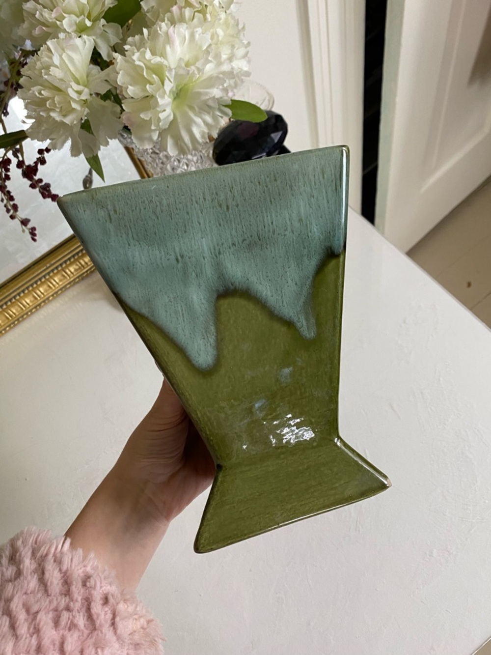 Unsigned MCM Studio Pottery Vase, Triangular Form with Green Drip Glaze
